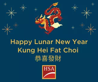 Image of a red and gold dragon and text reading Happy Lunar New Year Kung Hei Fat Choi