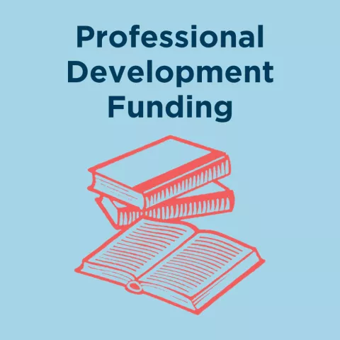 Image of red textbooks with text that says "Professional Development Funding"